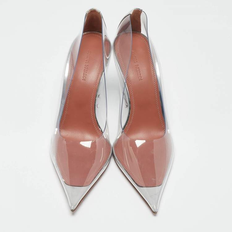 Pre Owned Amina Muaddi Silver Patent Leather and PVC Ane Wedge Pumps Size 39