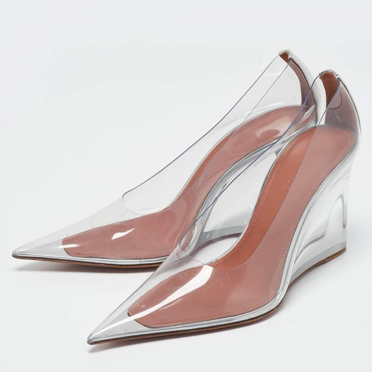 Pre Owned Amina Muaddi Silver Patent Leather and PVC Ane Wedge Pumps Size 39