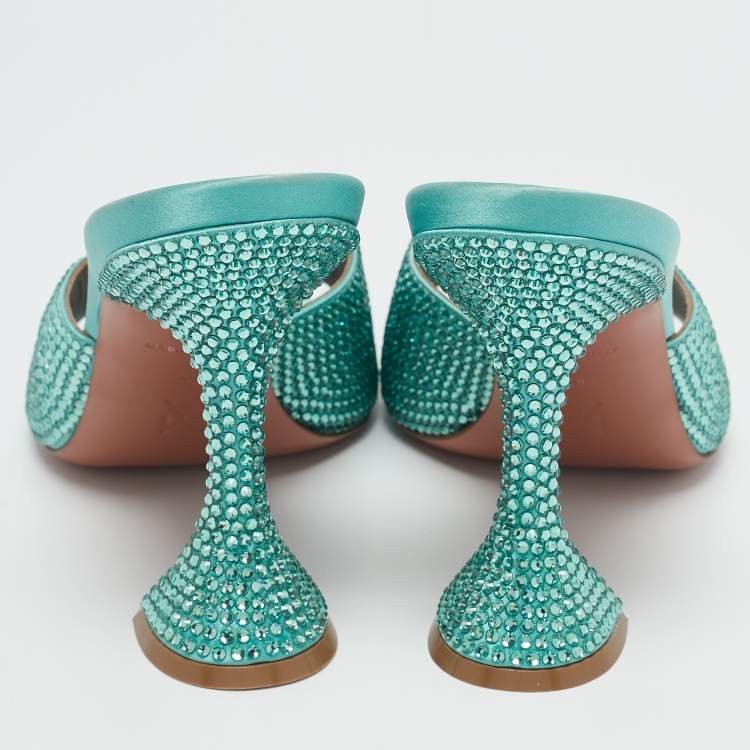 Pre Owned Amina Muaddi Mint Green Satin Crystal Embellished Lupita Sandals Size 40