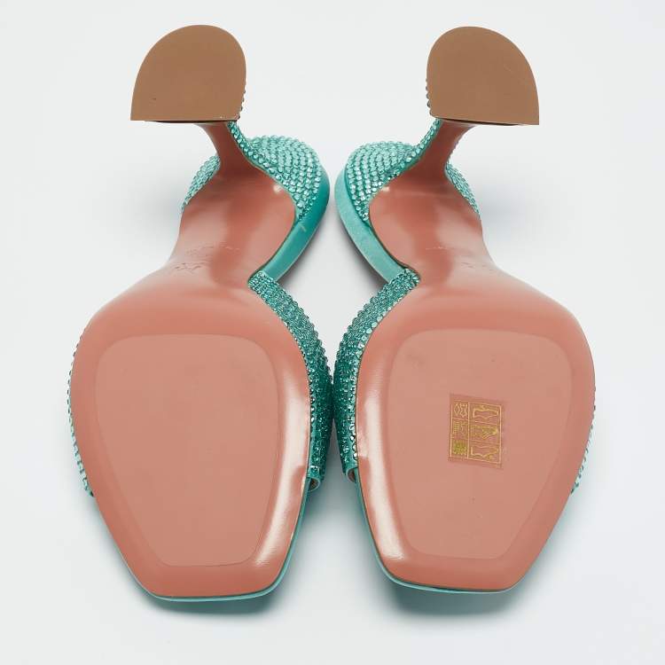Pre Owned Amina Muaddi Mint Green Satin Crystal Embellished Lupita Sandals Size 40