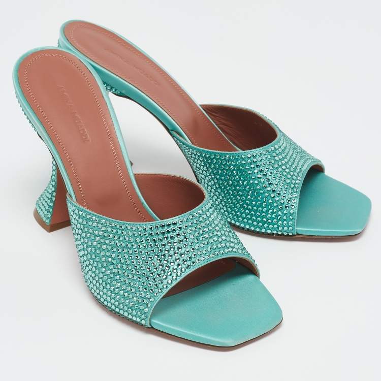 Pre Owned Amina Muaddi Mint Green Satin Crystal Embellished Lupita Sandals Size 40