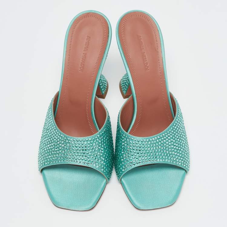 Pre Owned Amina Muaddi Mint Green Satin Crystal Embellished Lupita Sandals Size 40