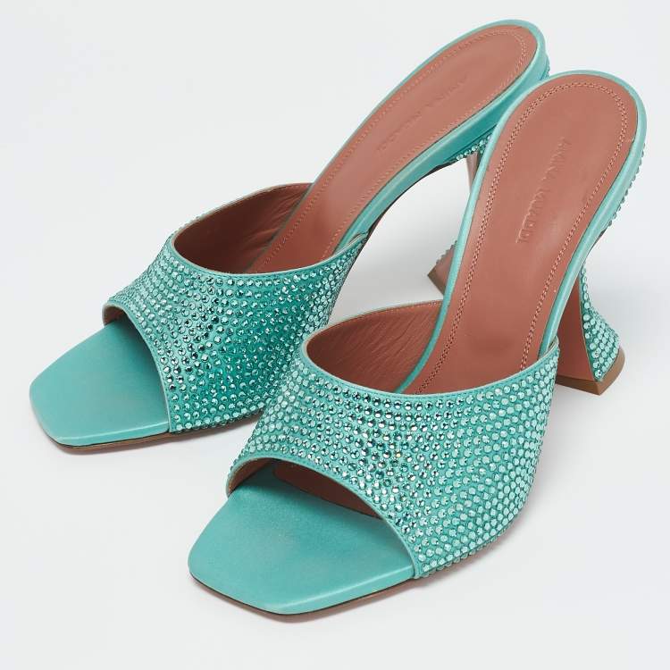 Pre Owned Amina Muaddi Mint Green Satin Crystal Embellished Lupita Sandals Size 40