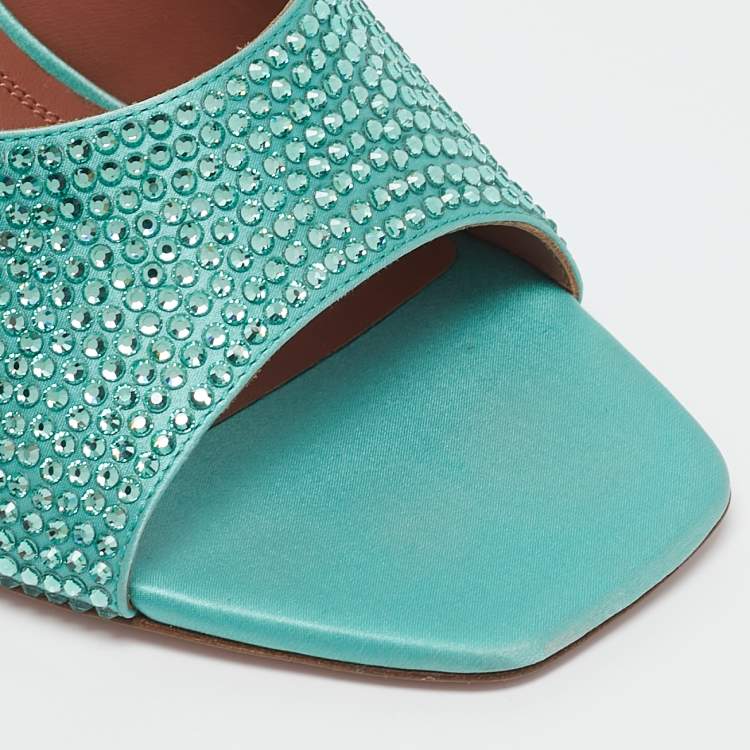 Pre Owned Amina Muaddi Mint Green Satin Crystal Embellished Lupita Sandals Size 40