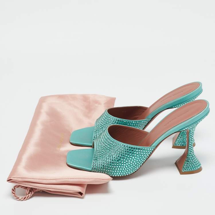 Pre Owned Amina Muaddi Mint Green Satin Crystal Embellished Lupita Sandals Size 40