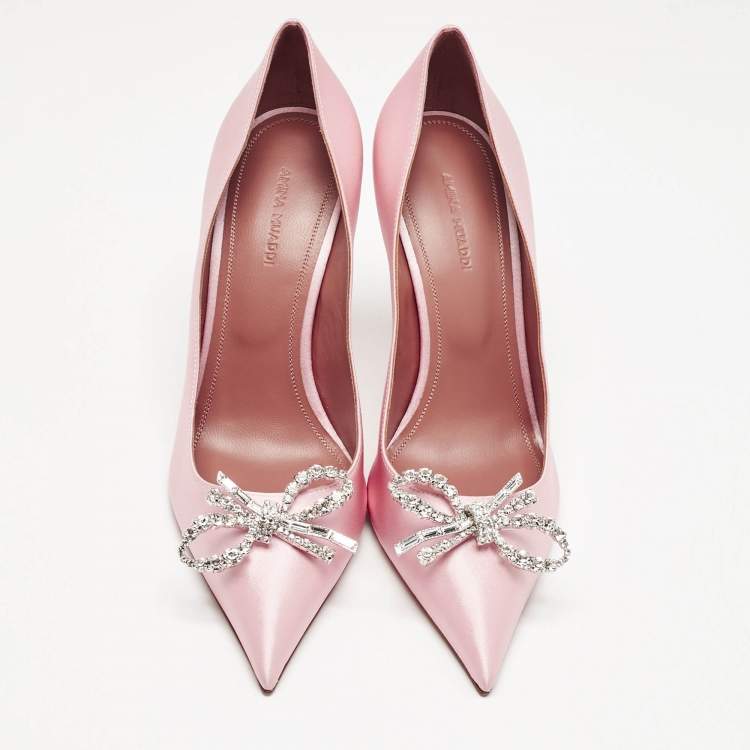 Pre Owned Amina Muaddi Pink Satin Crystal Embellished Rosie Pumps Size 39.5