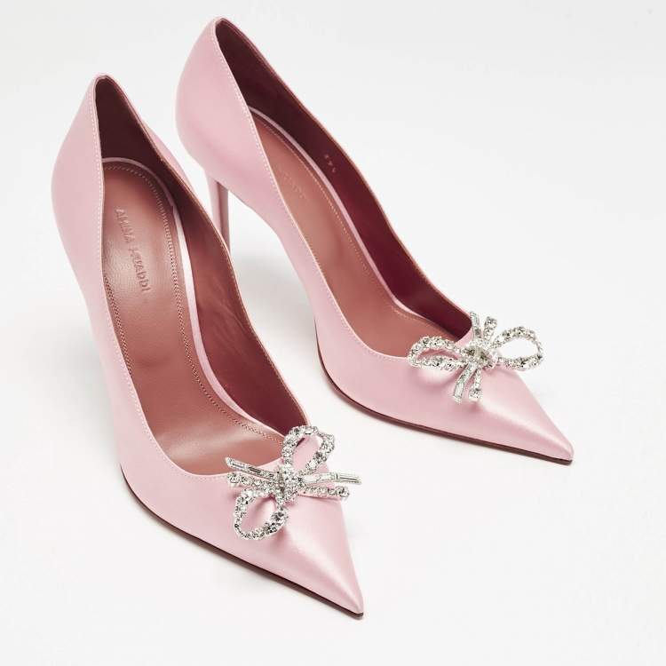 Pre Owned Amina Muaddi Pink Satin Crystal Embellished Rosie Pumps Size 39.5