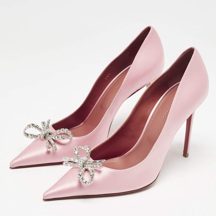Pre Owned Amina Muaddi Pink Satin Crystal Embellished Rosie Pumps Size 39.5