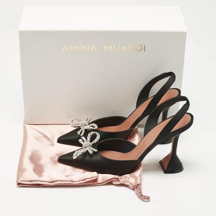 Pre Owned Amina Muaddi Black Satin Rosie Slingback Pumps Size 37