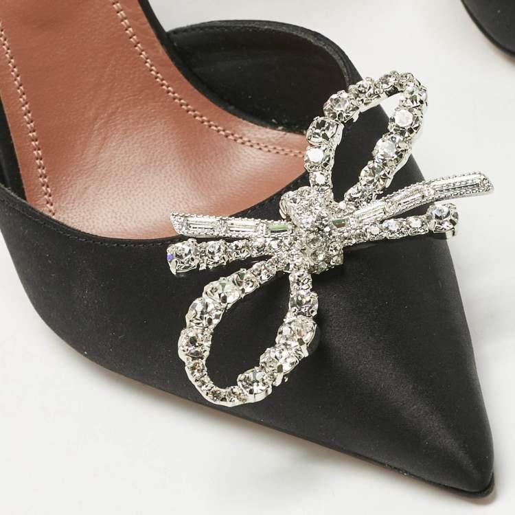 Pre Owned Amina Muaddi Black Satin Rosie Slingback Pumps Size 37