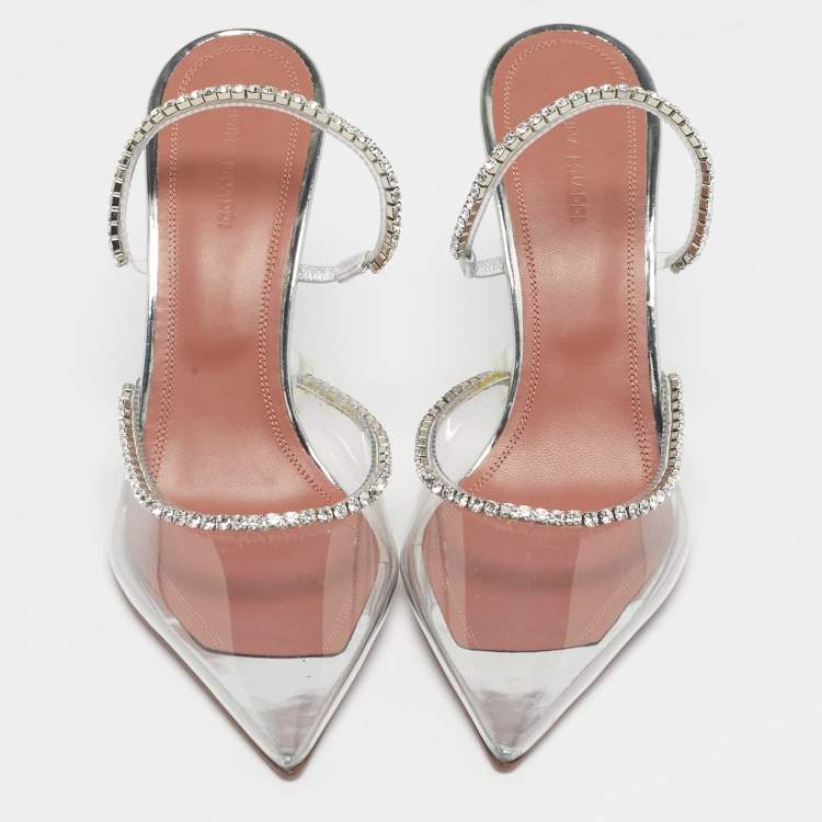 Pre Owned Amina Muaddi Silver PVC Gilda Glass Heel Mules Size 40