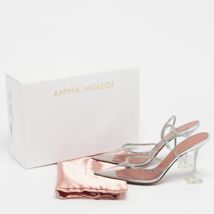 Pre Owned Amina Muaddi Silver PVC Gilda Glass Heel Mules Size 40