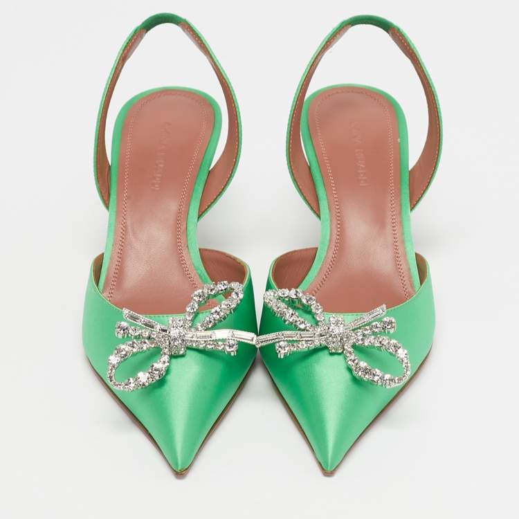Pre Owned Amina Muaddi Green Satin Rosie Slingback Pumps Size 37