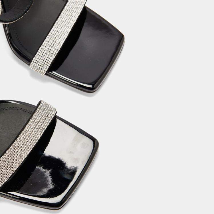 Pre Owned Amina Muaddi Rih Black Patent White Crystal Mesh Black Lacquer Metal Heel Size 36