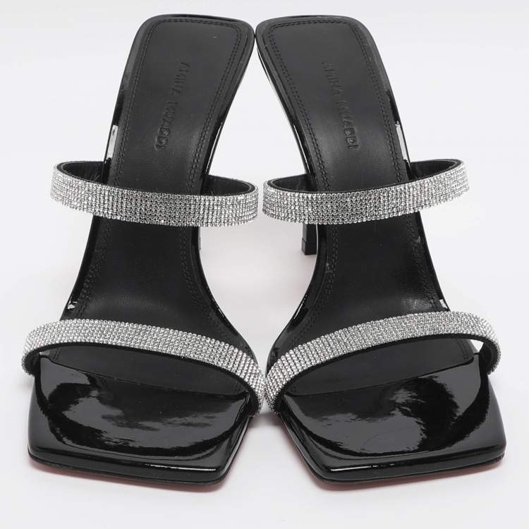 مملوكة مسبقًا Amina Muaddi Rih Size 37.5 Silver/Black Glitter Slide Sandals