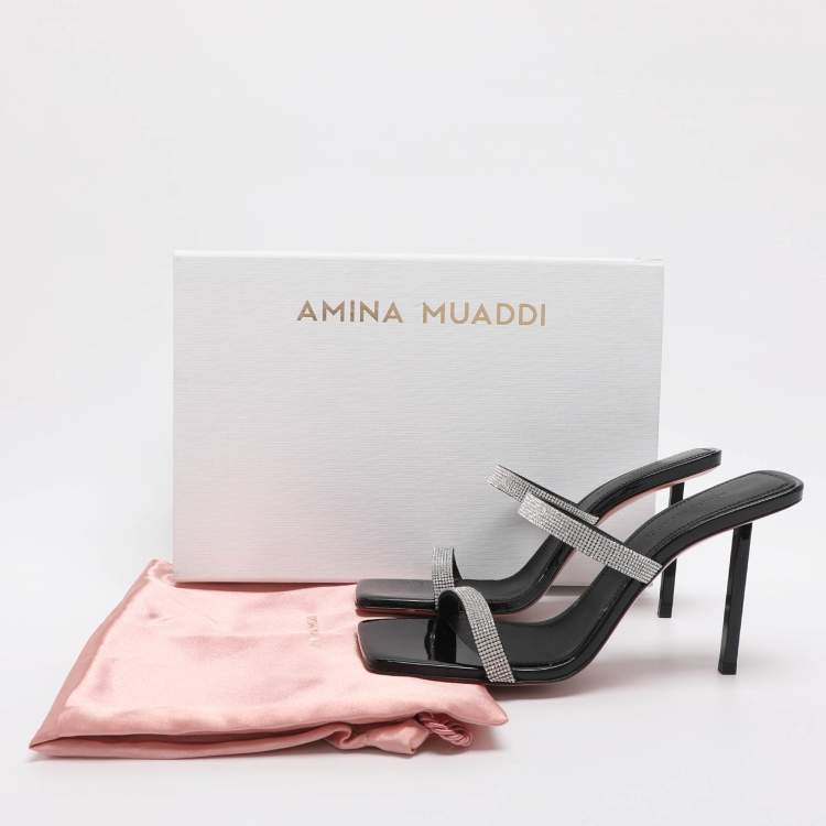 مملوكة مسبقًا Amina Muaddi Rih Size 37.5 Silver/Black Glitter Slide Sandals