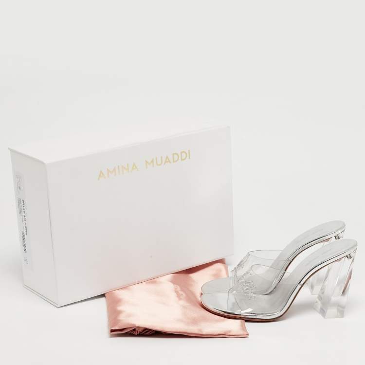 Pre Owned Amina Muaddi Bella Size 37.5 Transparent/Silver PVC Slide Sandals