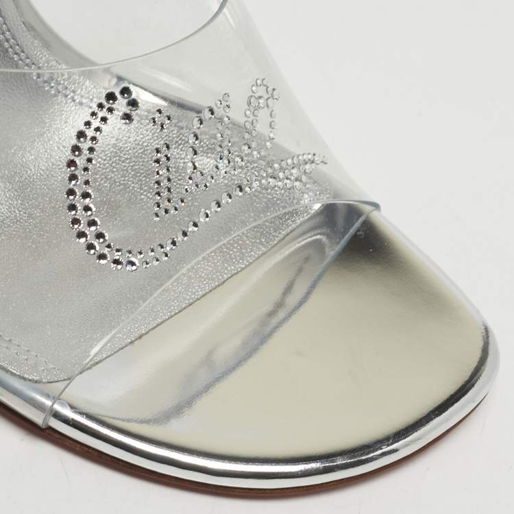 Pre Owned Amina Muaddi Bella Size 37.5 Transparent/Silver PVC Slide Sandals