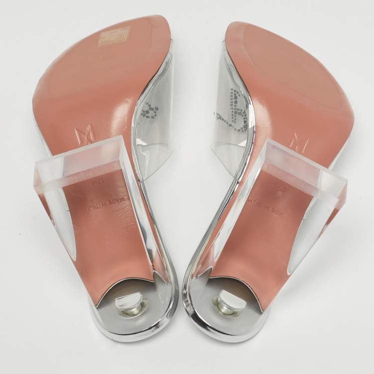 Pre Owned Amina Muaddi Bella Size 37.5 Transparent/Silver PVC Slide Sandals