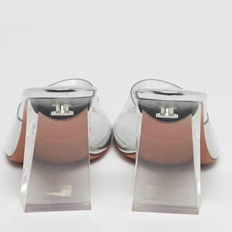 Pre Owned Amina Muaddi Bella Size 37.5 Transparent/Silver PVC Slide Sandals