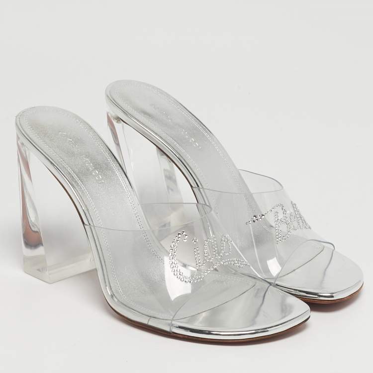 Pre Owned Amina Muaddi Bella Size 37.5 Transparent/Silver PVC Slide Sandals