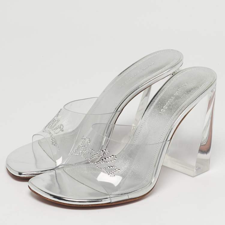 Pre Owned Amina Muaddi Bella Size 37.5 Transparent/Silver PVC Slide Sandals