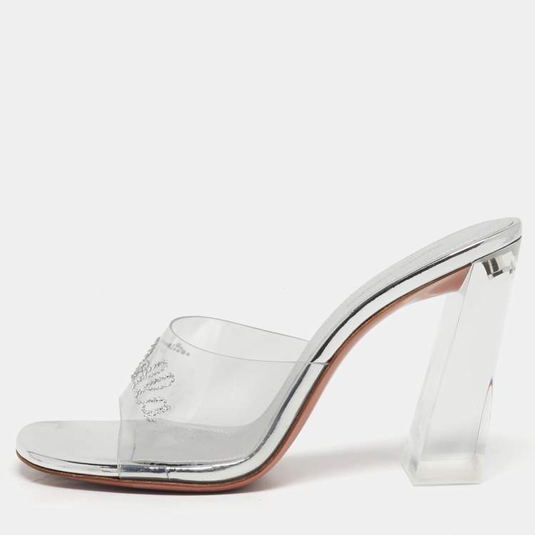 Pre Owned Amina Muaddi Bella Size 37.5 Transparent/Silver PVC Slide Sandals
