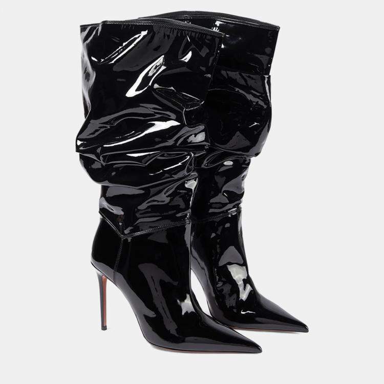 Pre Owned Amina Muaddi Jahleel Latex Black Leather Ankle Boots 39.5