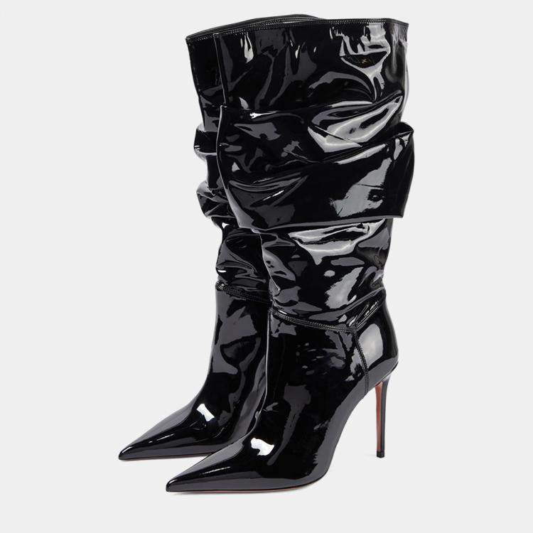 Pre Owned Amina Muaddi Jahleel Latex Black Leather Ankle Boots 39.5