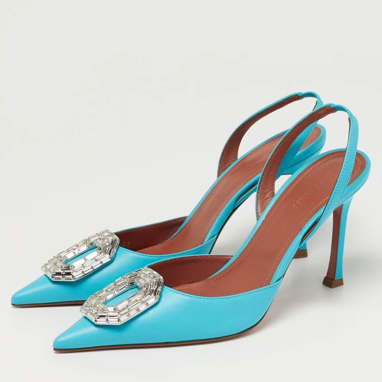 Pre Owned Amina Muaddi Camelia Size 39 Blue Leather Slingback Pumps
