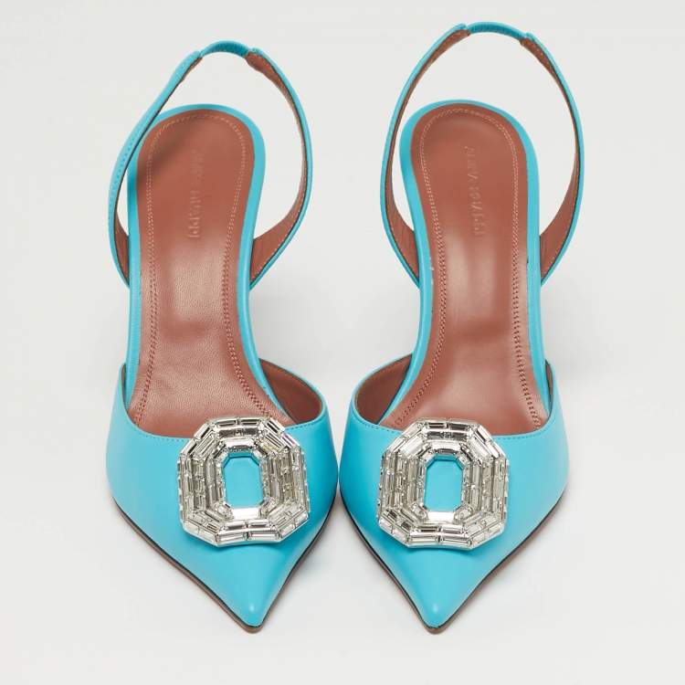Pre Owned Amina Muaddi Camelia Size 39 Blue Leather Slingback Pumps