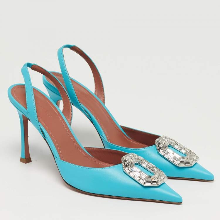 Pre Owned Amina Muaddi Camelia Size 39 Blue Leather Slingback Pumps