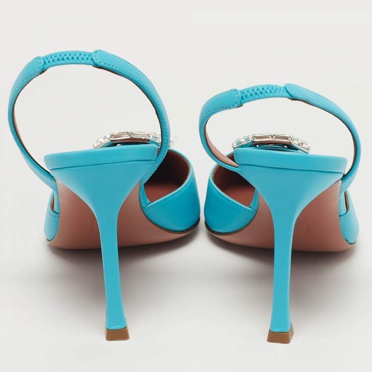 Pre Owned Amina Muaddi Camelia Size 39 Blue Leather Slingback Pumps