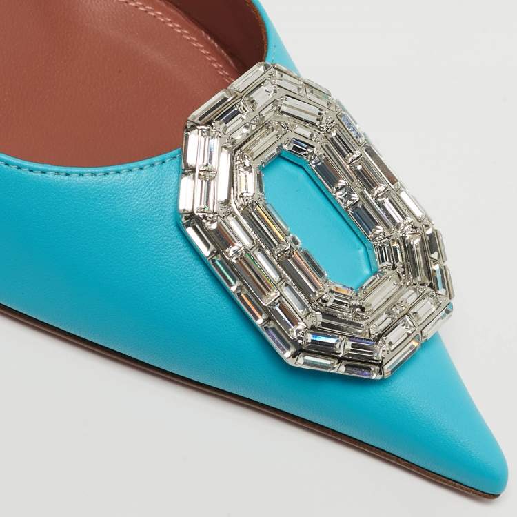 Pre Owned Amina Muaddi Camelia Size 39 Blue Leather Slingback Pumps