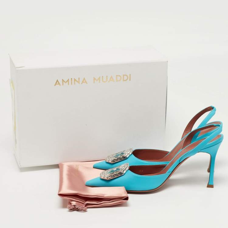 Pre Owned Amina Muaddi Camelia Size 39 Blue Leather Slingback Pumps