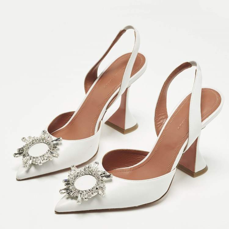 Pre Owned Amina Muaddi Begum Size 38 White Leather Slingback Pumps