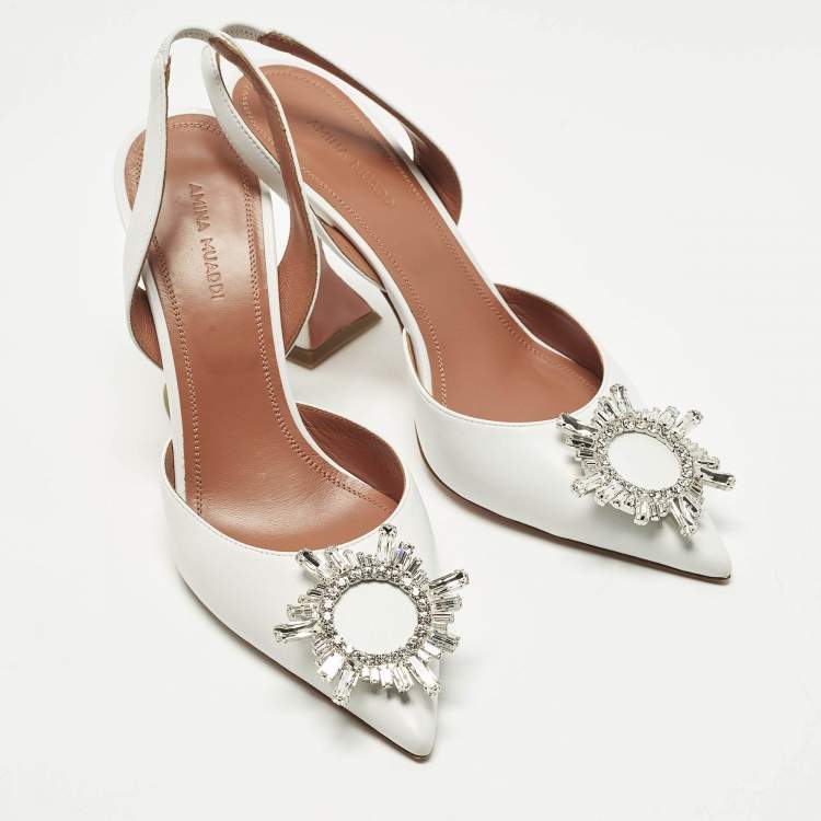 Pre Owned Amina Muaddi Begum Size 38 White Leather Slingback Pumps