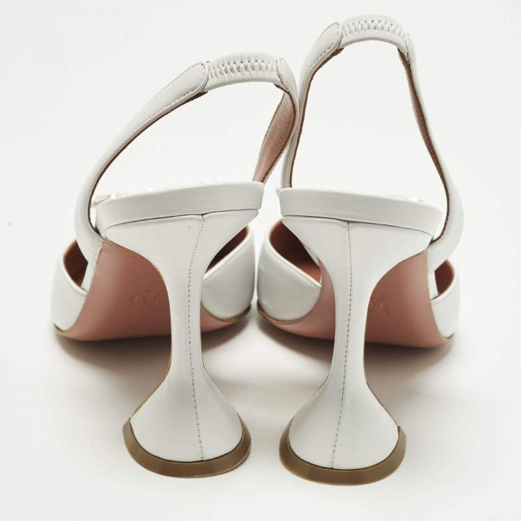 Pre Owned Amina Muaddi Begum Size 38 White Leather Slingback Pumps
