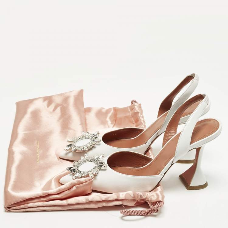Pre Owned Amina Muaddi Begum Size 38 White Leather Slingback Pumps