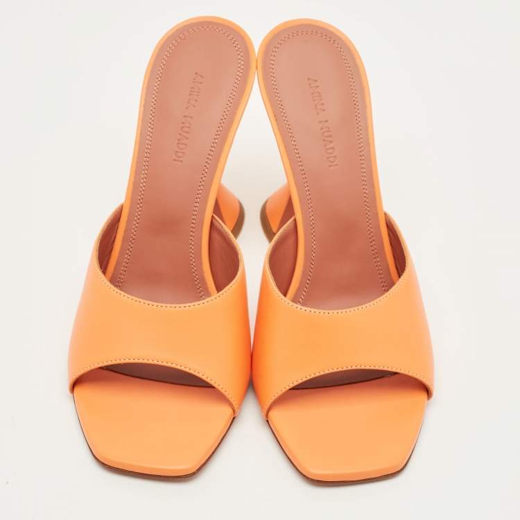 Pre Owned Amina Muaddi Lupita Size 37.5 Orange Leather Slide Sandals