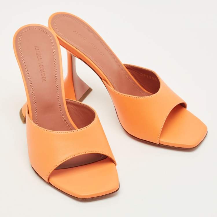 Pre Owned Amina Muaddi Lupita Size 37.5 Orange Leather Slide Sandals