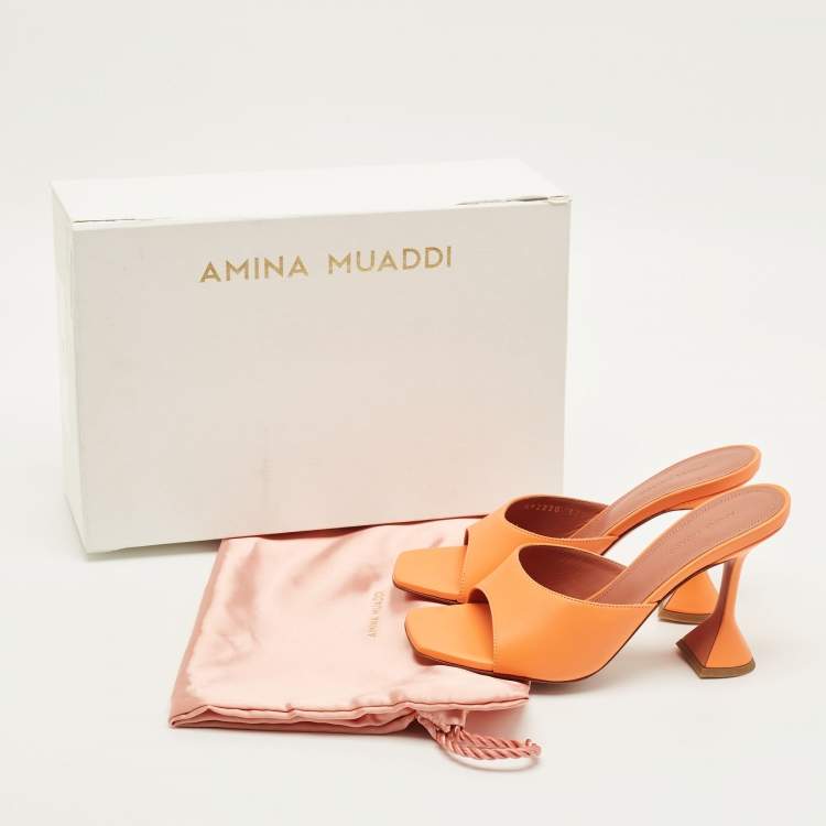 Pre Owned Amina Muaddi Lupita Size 37.5 Orange Leather Slide Sandals