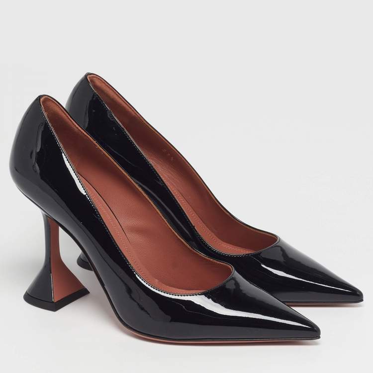 Pre Owned Amina Muaddi Ami Size 37.5 Black Patent Leather Pumps