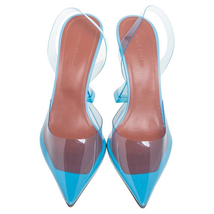 مملوكة مسبقًا Amina Muaddi Blue  PVC And Leather Holli Glass Slingback Pumps Size 39