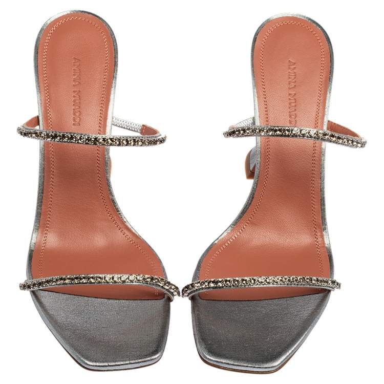 مملوكة مسبقًا Amina Muaddi Silver Fabric Gilda Sandals Size 38.5