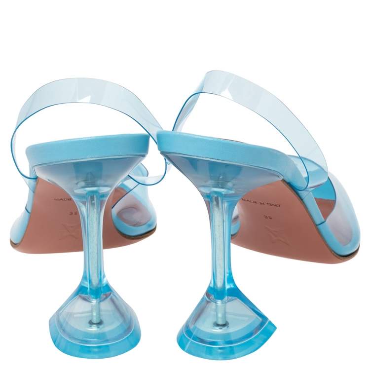 Pre Owned Amina Muaddi Blue PVC And Leather Holli Glass Slingback Pumps Size 39