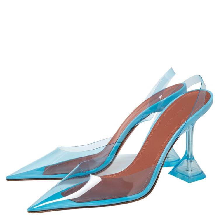 Pre Owned Amina Muaddi Blue PVC And Leather Holli Glass Slingback Pumps Size 39