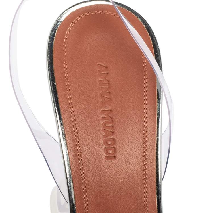 Pre Owned Amina Muaddi Silver PVC  Crystal-Embellished Slingback Pumps Size 38