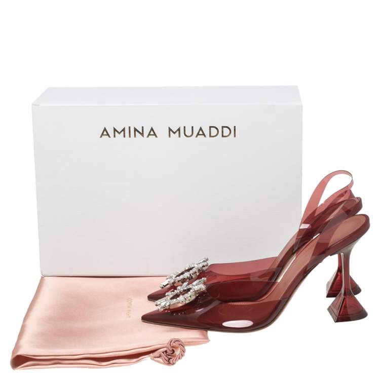 Pre Owned Amina Muaddi Burgundy PVC Begum Glass Slingback Pumps Size 38.5