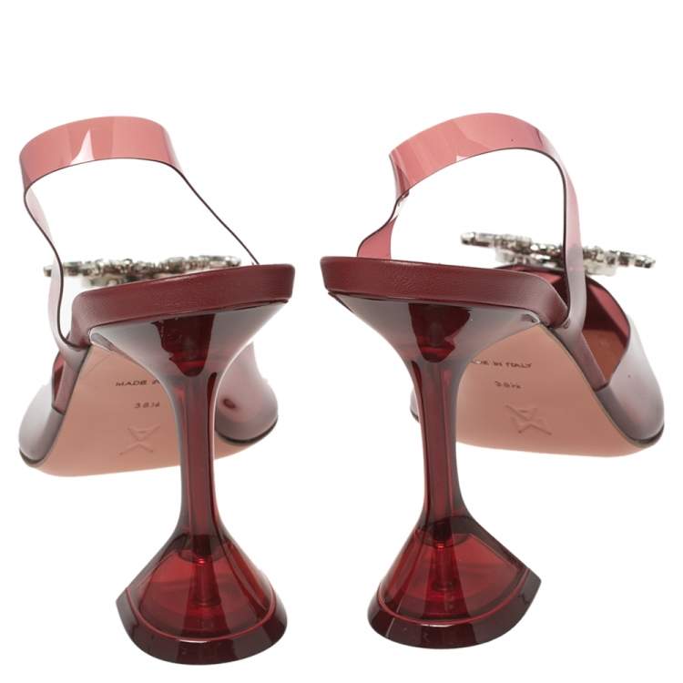 Pre Owned Amina Muaddi Burgundy PVC Begum Glass Slingback Pumps Size 38.5